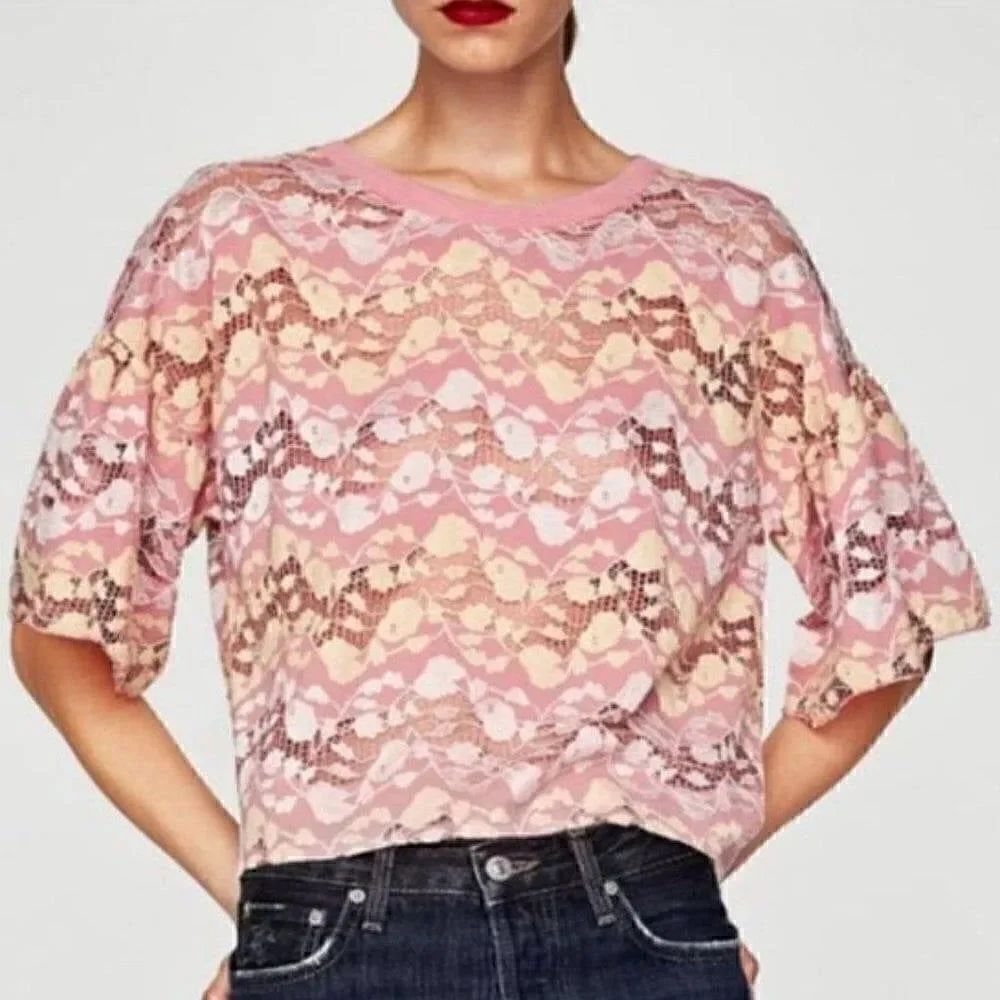 NEW Zara Size Medium Pink Lemonade Floral Lace Boxy Cropped Top